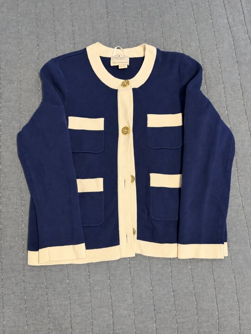 Kate Spade Navy Cream Gold Button Cardigan Jacket